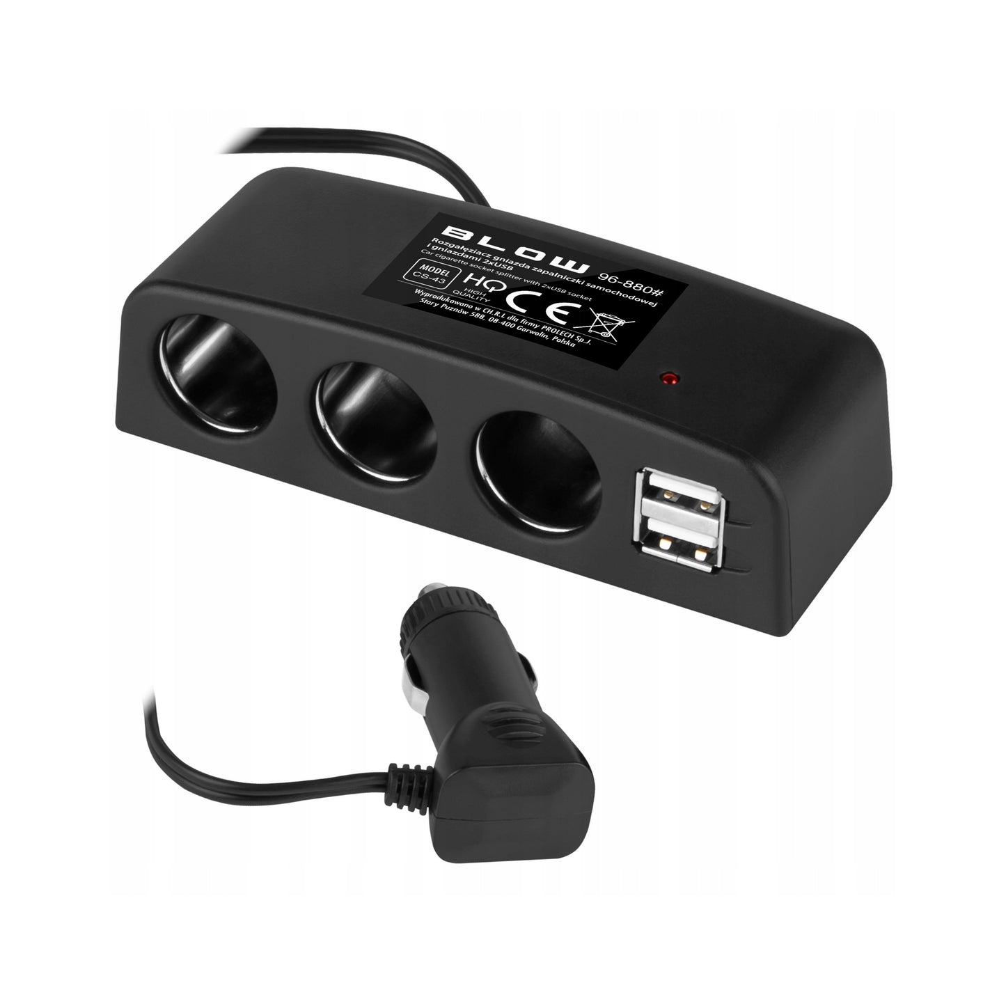 Cigarette Lighter Power Strip, 3x Outlets, 2x USB - 12/24V