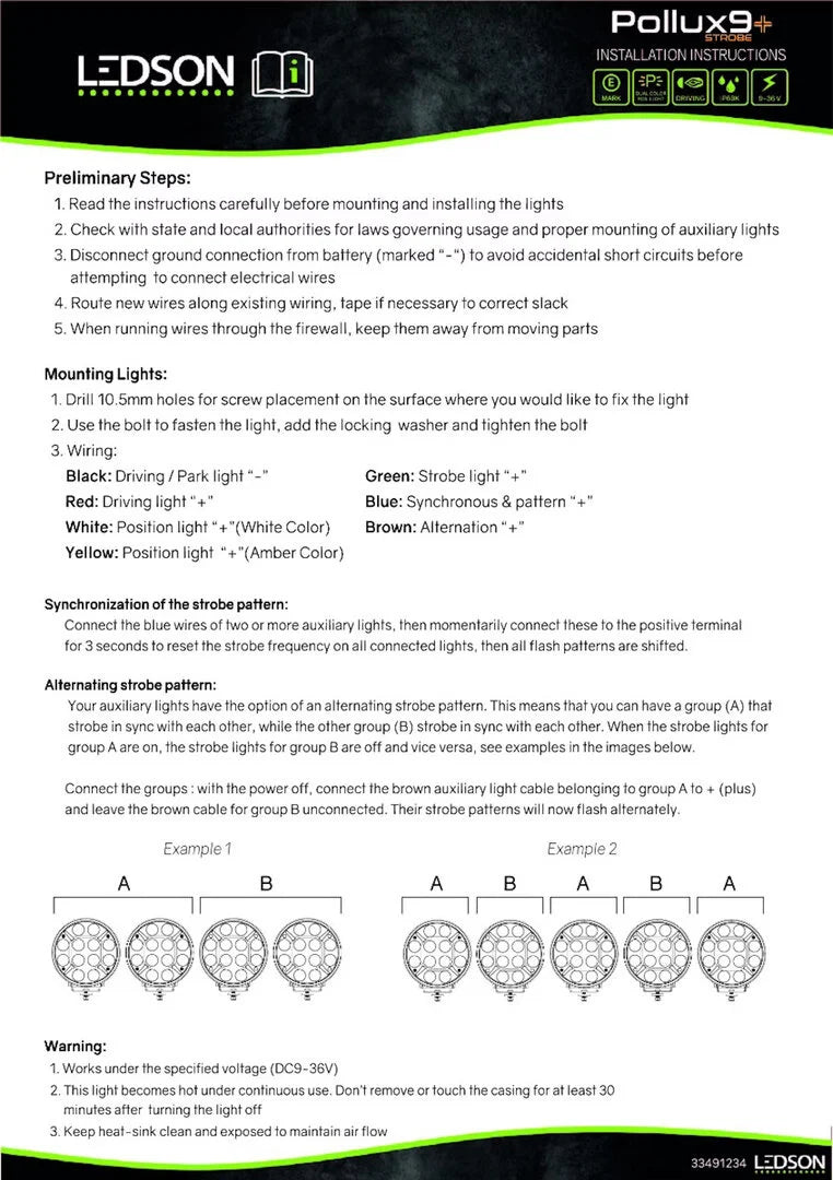 Ledson Pollux9+ 9" LED Ekstralys med Varsellys