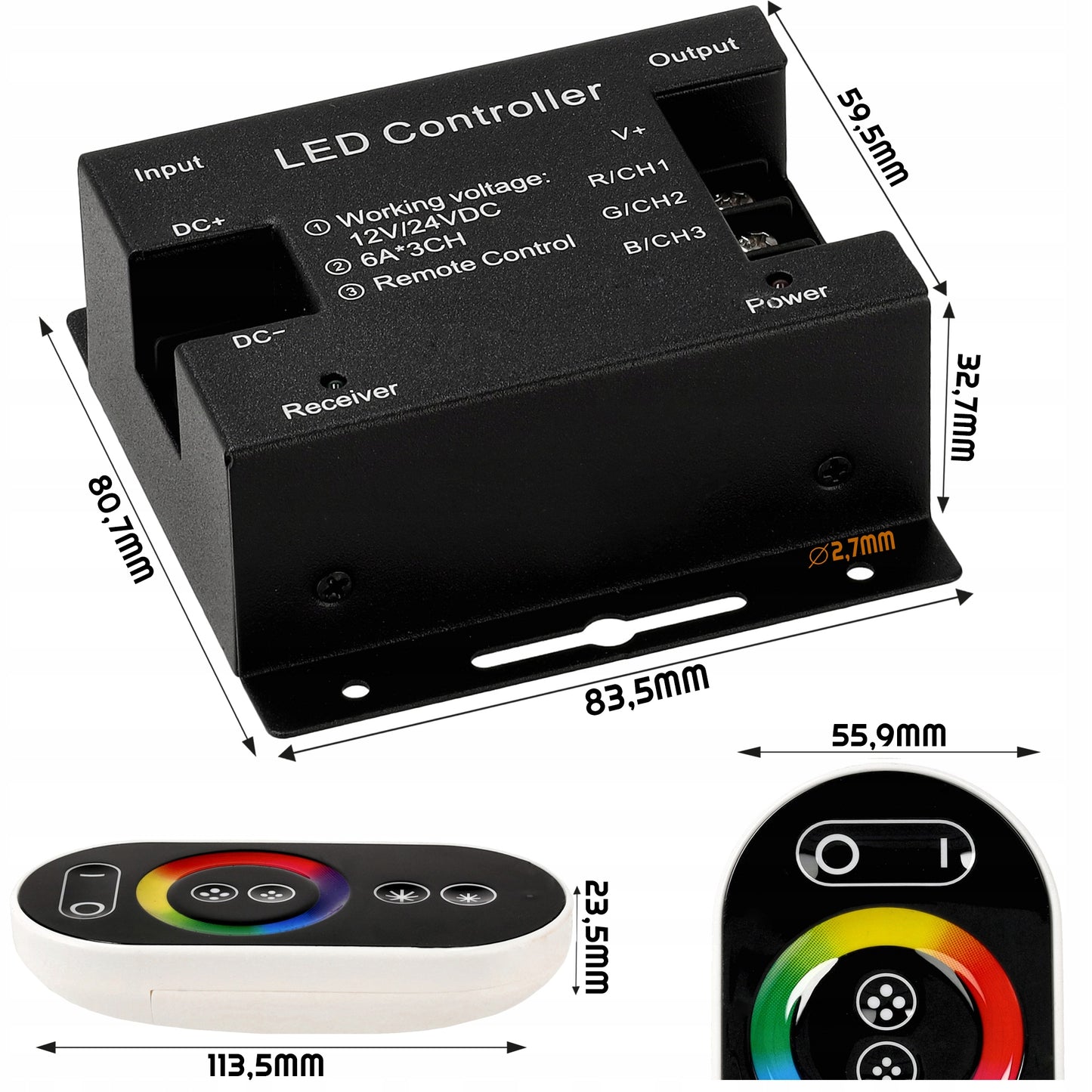 RGB-Kontroller med Touch Fjernkontroll 12-24V, Svart - Type 5
